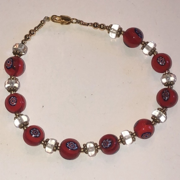 Red & Gold Tone Glass Millefiori Flower Beaded Boho Bracelet - Picture 1 of 7